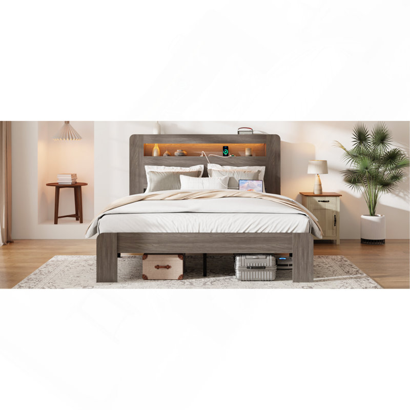Structure de lit double, structure de lit plateforme en bois avec tête de lit à DEL avec rangement et 2 ports USB, sans bruit
