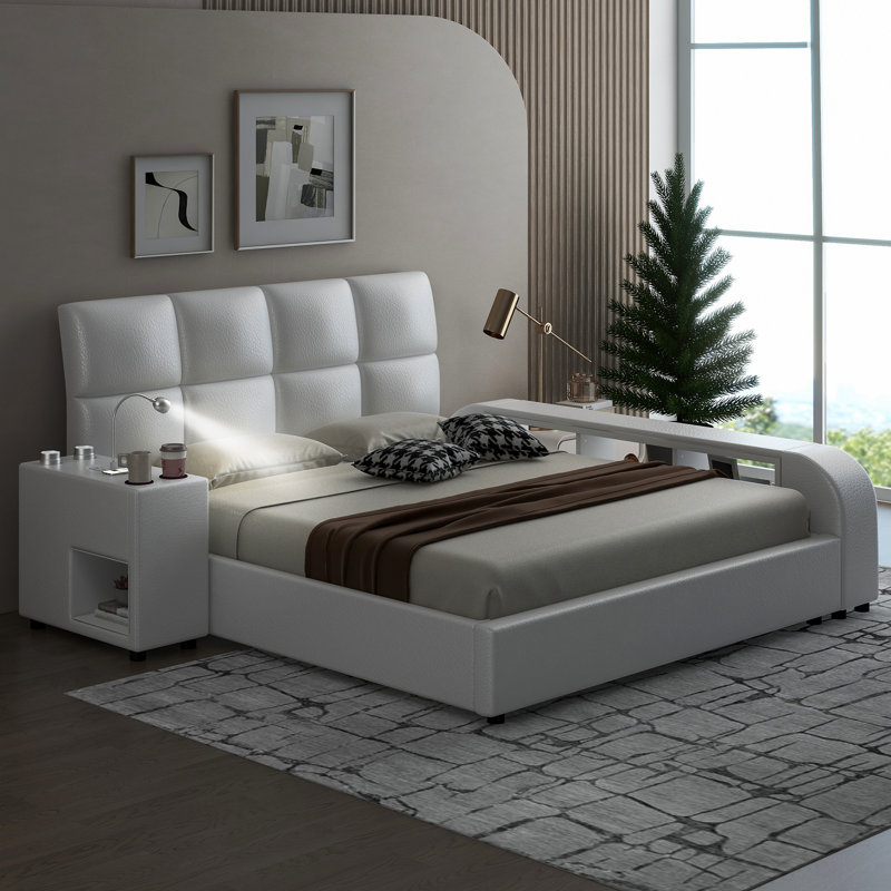 Grand lit plateforme tapissier avec table de chevet multimédia et tablettes de rangement, blanc, Blanc