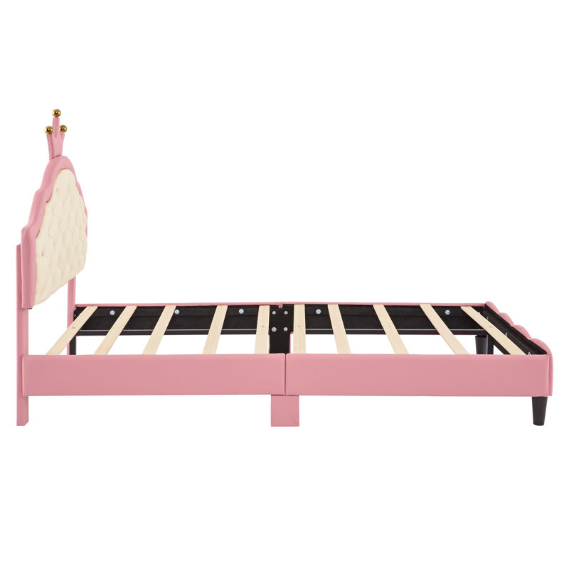 Princess PU Leather Bed with Crown Fantasy Design, Tufted Headboard, Pink, Twin