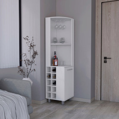 Corner Bar Single Door Cabinet Two Shelves, Ten Built-In Wine Rack, Two Interior Shelves