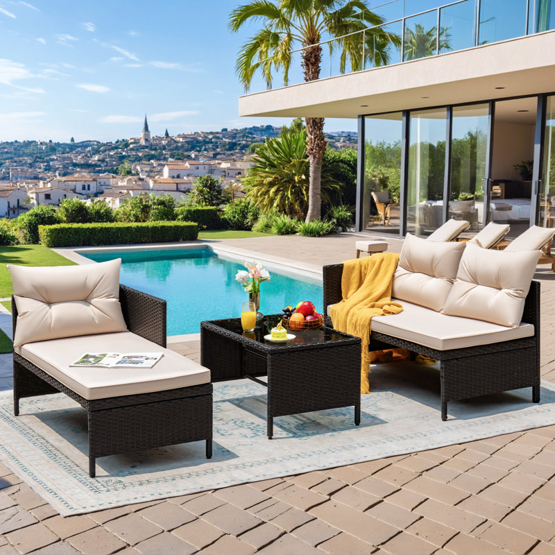 3-piece Outdoor Rattan Sectional Sofa Set Patio Wicker Rattan Conversation Furniture Set, Steel Frame & Seat Cushion, Perfect for Garden Lawn Pool Backyard