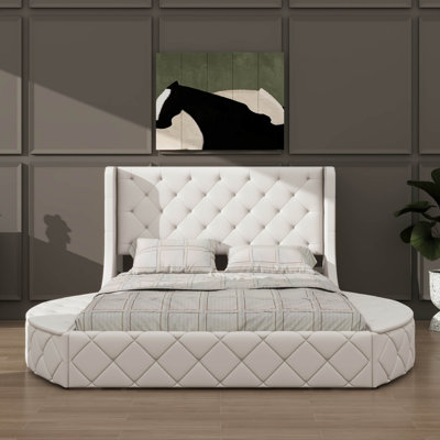 Queen Size Platform Bed With Velvet Upholstery – Wingback Headboard, 1 Large Drawer & 2 Side Storage Benches