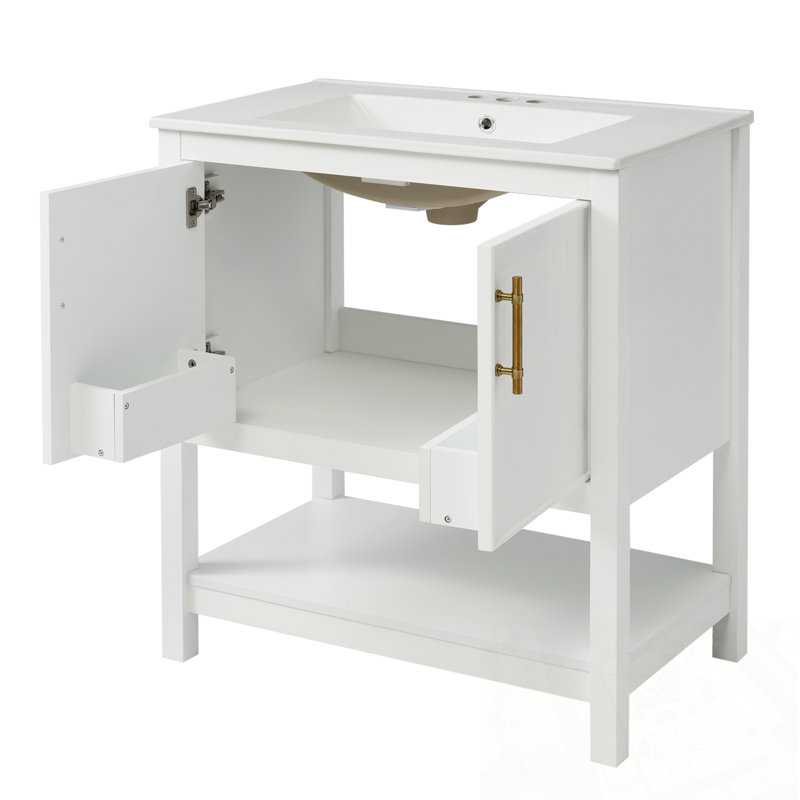 Meuble-lavabo de salle de bain avec lavabo, étagère de rangement ouverte et porte, Blanc