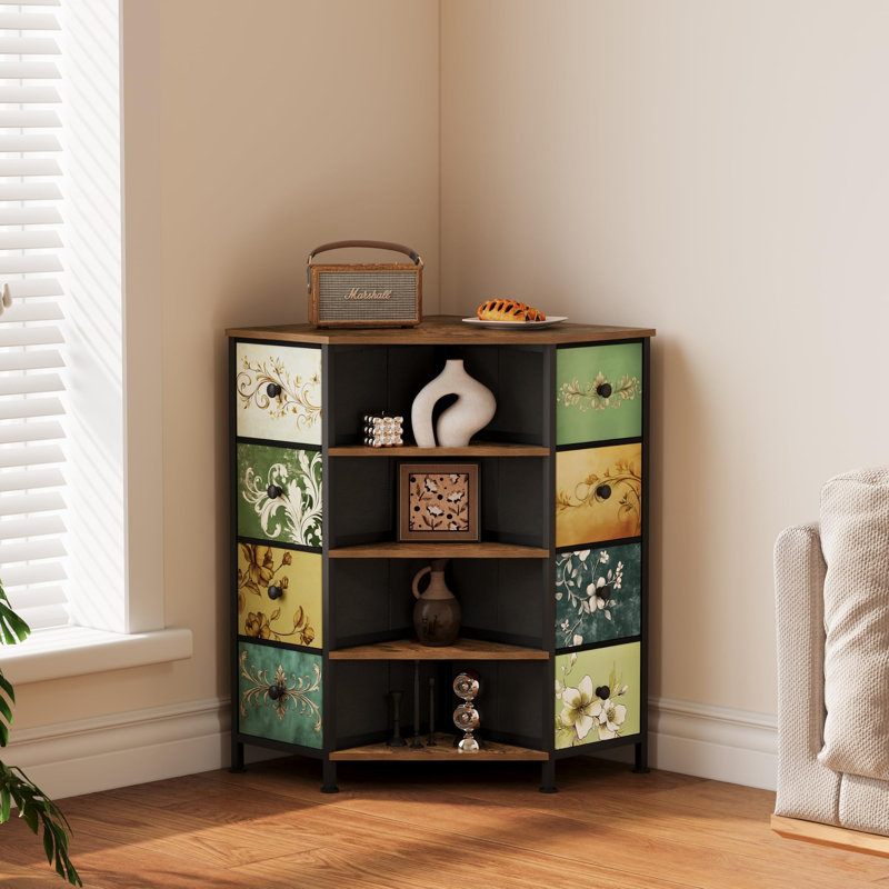 Commode d'angle 8 tiroirs avec tiroirs en tissu et tablettes ouvertes pour petits espaces, Retro Pattern