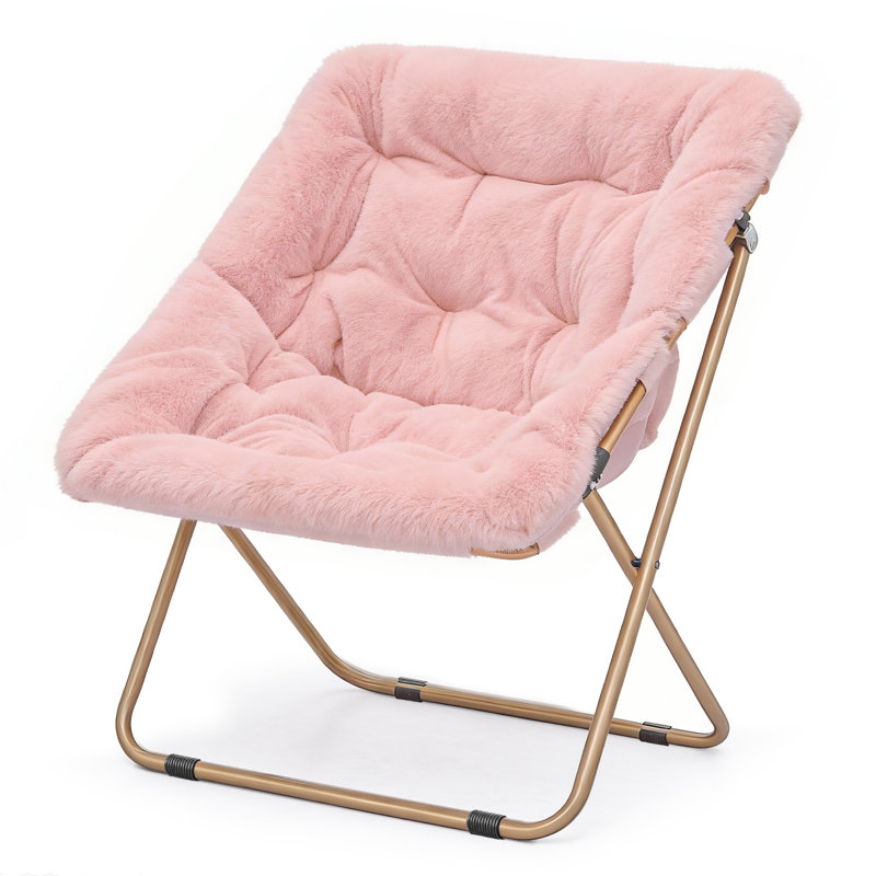  Square Faux Fur Saucer Chair With Metal Frame Foldable Comfy Accent Chair For Bedroom, Living Room & Reading Nook, Pink