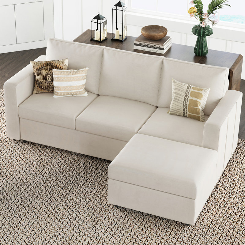 Canapé rembourré 3 places avec rangement Rafael, Velours beige