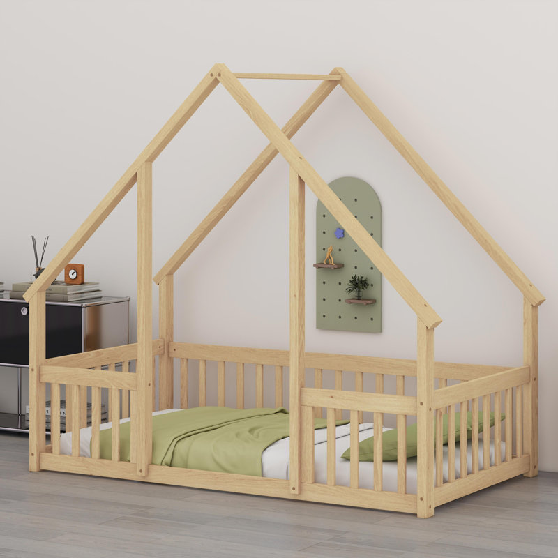 Lit pour tout-petit en bois naturel avec rails de protection, Naturel
