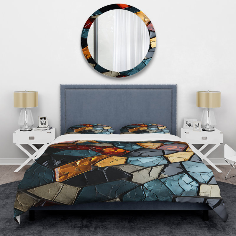 Ensemble de housse de couette mosaïque cubique dorée et bleue I - Abstract Tile, Housse de couette pour très grand lit