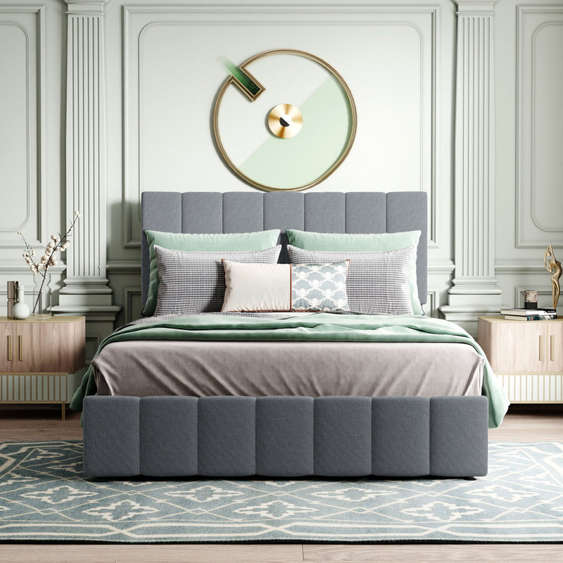  Full Size Upholstered Platform Bed with Hydraulic Lift Storage, Modern Linen Fabric Bed Frame, Grey, Full