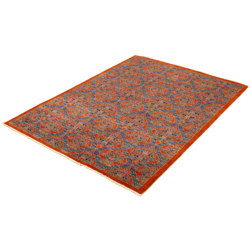 Tapis décoratif en laine noué à la main de conception unique 6 pi x 8 pi 1 po de couleur orange brûlé/bleu