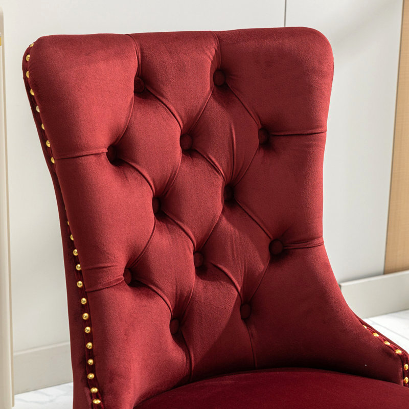 Chaise de salle à manger rembourrée en velours moderne avec anneau à tirer (ensemble de 2), Bourgogne, Doré