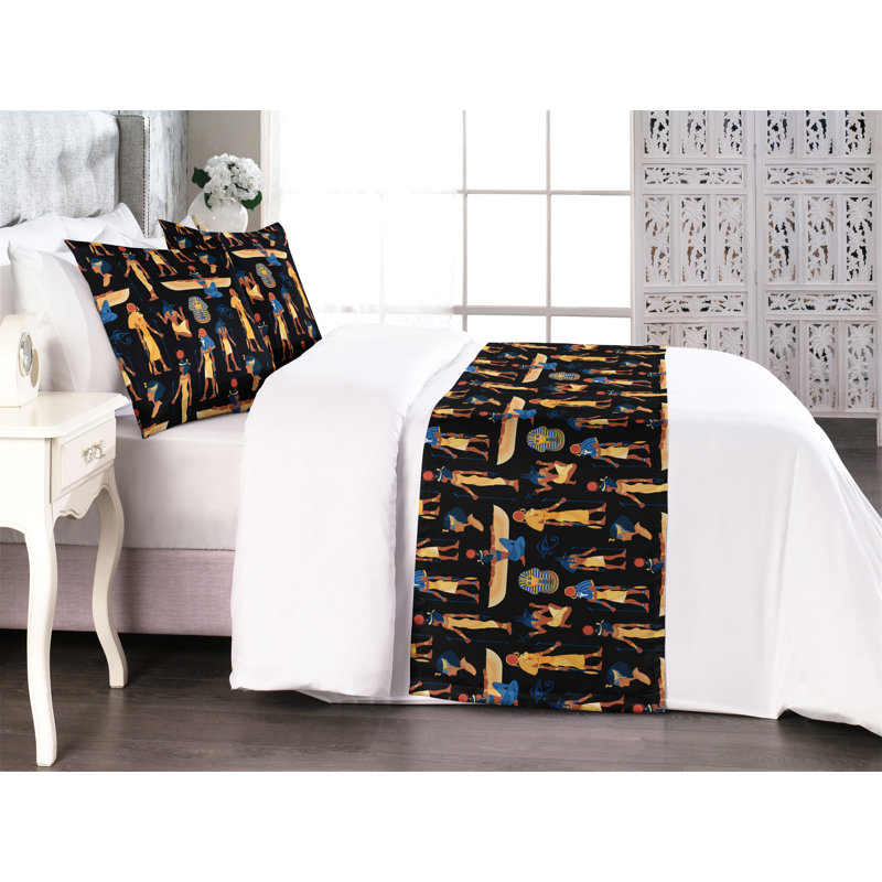 Ambesonne Ethnic Bed Runner Set Folkloric Pattern Eastern  Black Cinnamon and Blue, King