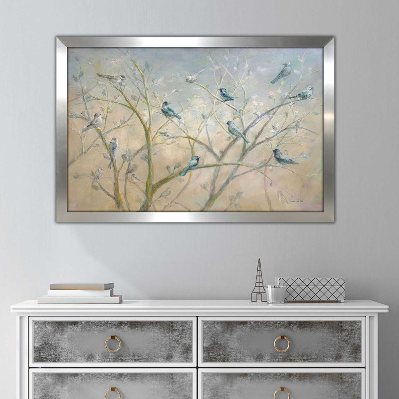 «Spring Gathering» par Danhui Nai - Peinture, Encadrement argenté, H 33,5 po x l 49,5 po x P 1 po