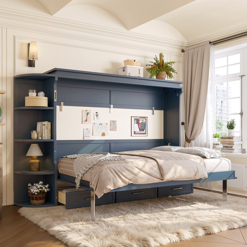 Lit plateforme double pleine grandeur avec tablette, armoires latérales et tiroirs, cadre de lit Space Saver, bleu, Bleu