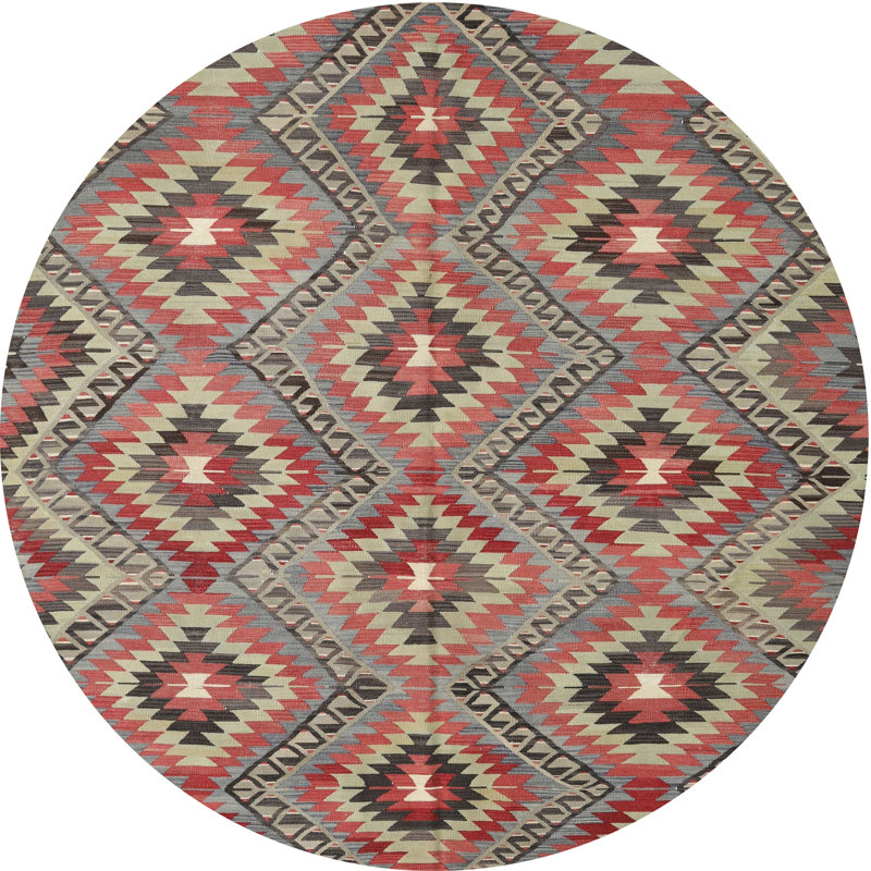 Tapis contemporain rouge / beige / gris, Rond 4 pi