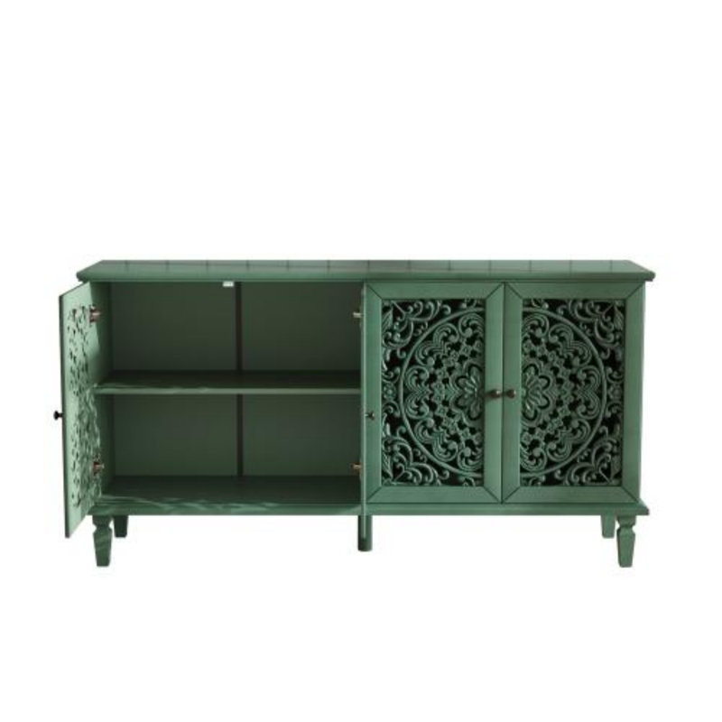 Buffet antique avec sculptures florales et poignées en laiton, Vert antique