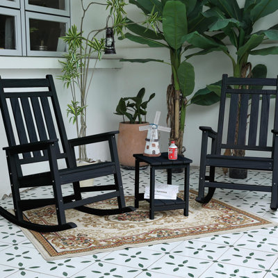 Outdoor Rocking Chair Set With Side Table, 3-Piece Rocking Chair Set With Wood-Texture,All Weather-Resistant,Black (Includes 2 Rocking Chairs And 1 Table)