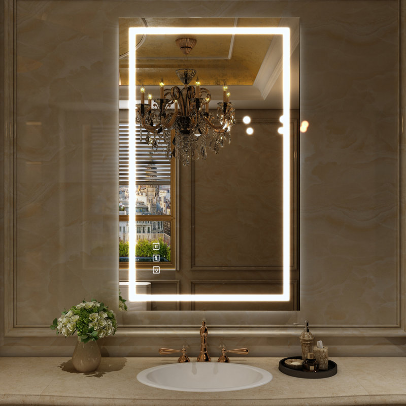 Led Bathroom Mirror, Dimmable Vanity Mirrors For Wall, Anti-fog, 3 Colors Adjustable, Memory, Double Led Lights ( Front And Backlit ) Durable Tempered Material