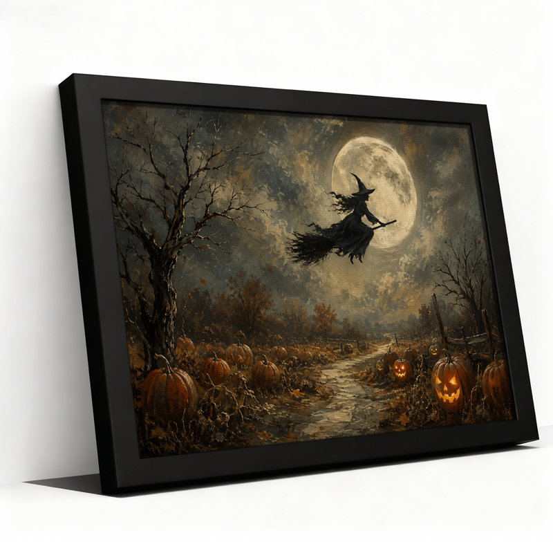 «Witch Flying Over Autumn Pumpkin Patch Under Full Halloween», art mural sur toile, H 20 po x l 30 po