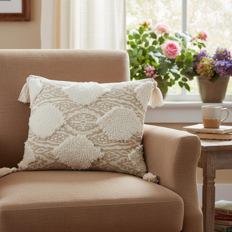 Tassels Throw Pillow, Beige/White