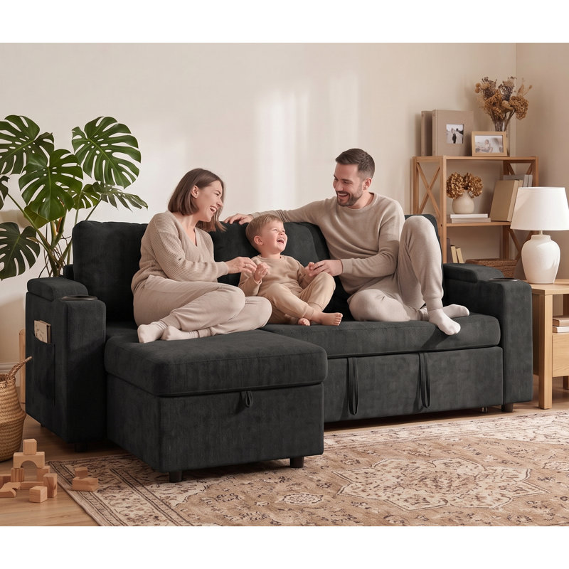 3 Seater Linen Blend Sofa Bed, Black
