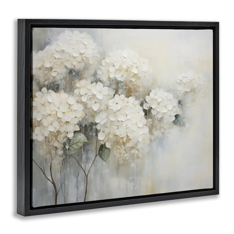 Subtle Fading White Hydrangeas Floating Frame, design by Arlington Prints, 17" H x 21" W, Black