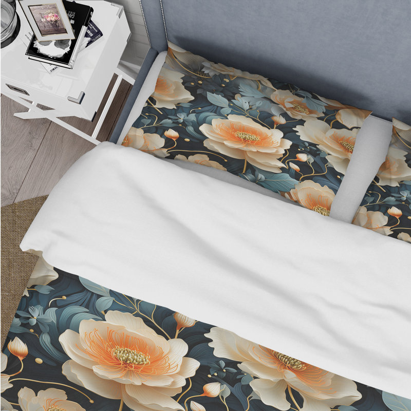 Ensemble de housse de couette floral Teal & Peach Floral Futuristic Elegance, Housse de couette pour très grand lit et 2 très