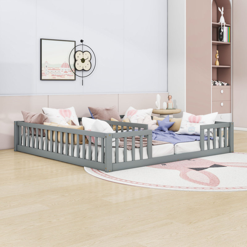 Lit simple et lit simple en bois avec garde-corps, gris