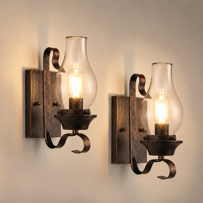 Antique-Style Wall Lantern Sconce Set with Curved Metal Arm(ste of 2)