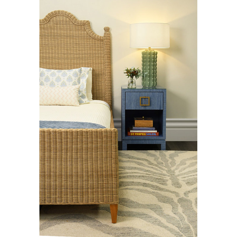 Bed Frame with Arched Headboard, Side Rails, and Footboard in Rattan with Wood Feet, Twin