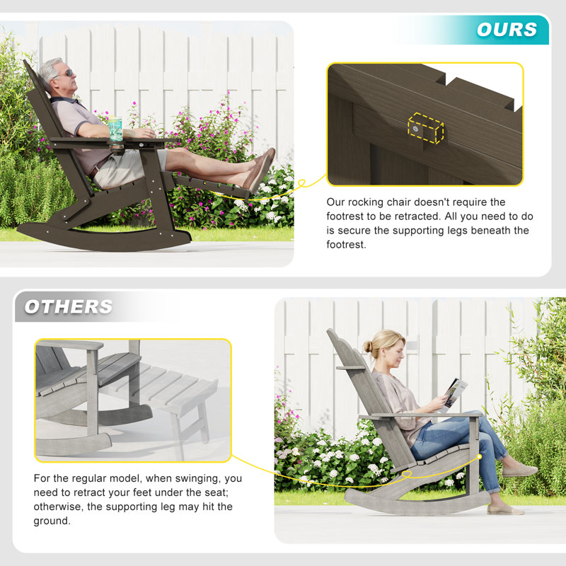 All-Weather HDPE Folding Adirondack Rocking Chair with Retractable Ottoman, 3-Position Adjustable Outdoor Rocking Chair for Patio, Gargen, Deck