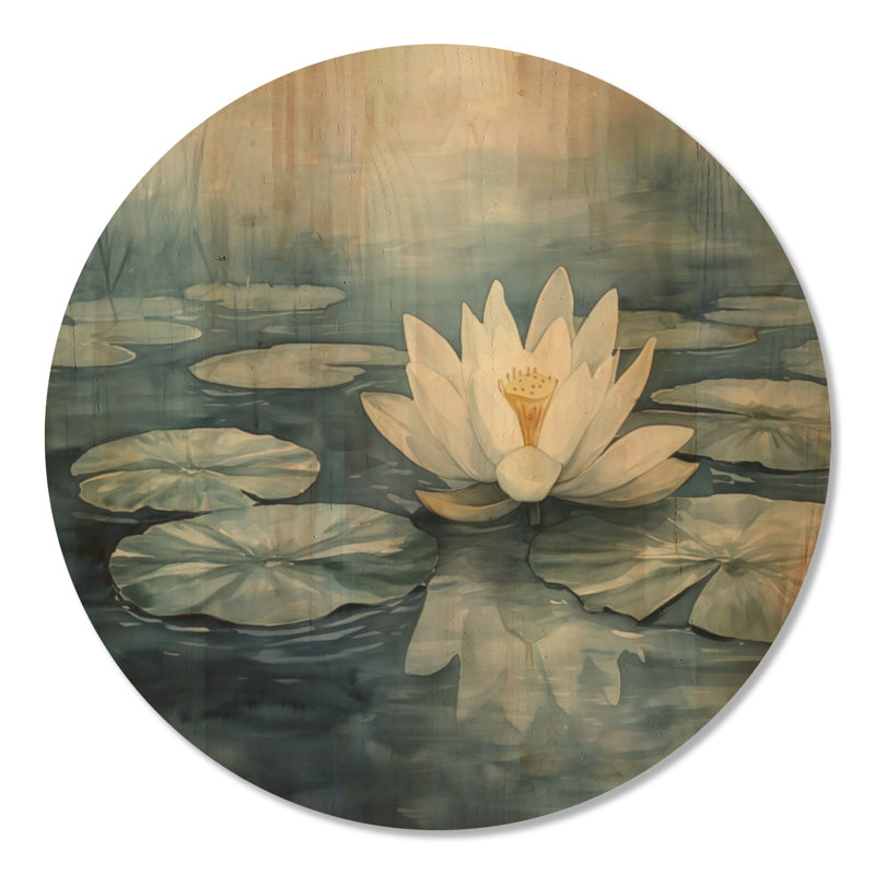 «White Lotus Calm - Botanical Round», reproduction d'art murale en bois, 36" Round, Rond