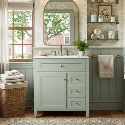 30" Neo-Bauhaus Freestanding Bathroom Vanity with Centerset Ceramic Basin Top, Geometric Split Asymmetric Left-Door Compartment & Right 3-Drawer Array, Moisture-Proof Rubberwood Footing (4 Finishes)