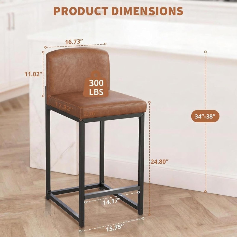 Ensemble de 6 tabourets de bar modernes en cuir de polyuréthane - Tabourets de bar à hauteur de comptoir 24 po avec dossier, chaises d'îlot de cuisine en métal rembourrées, brun