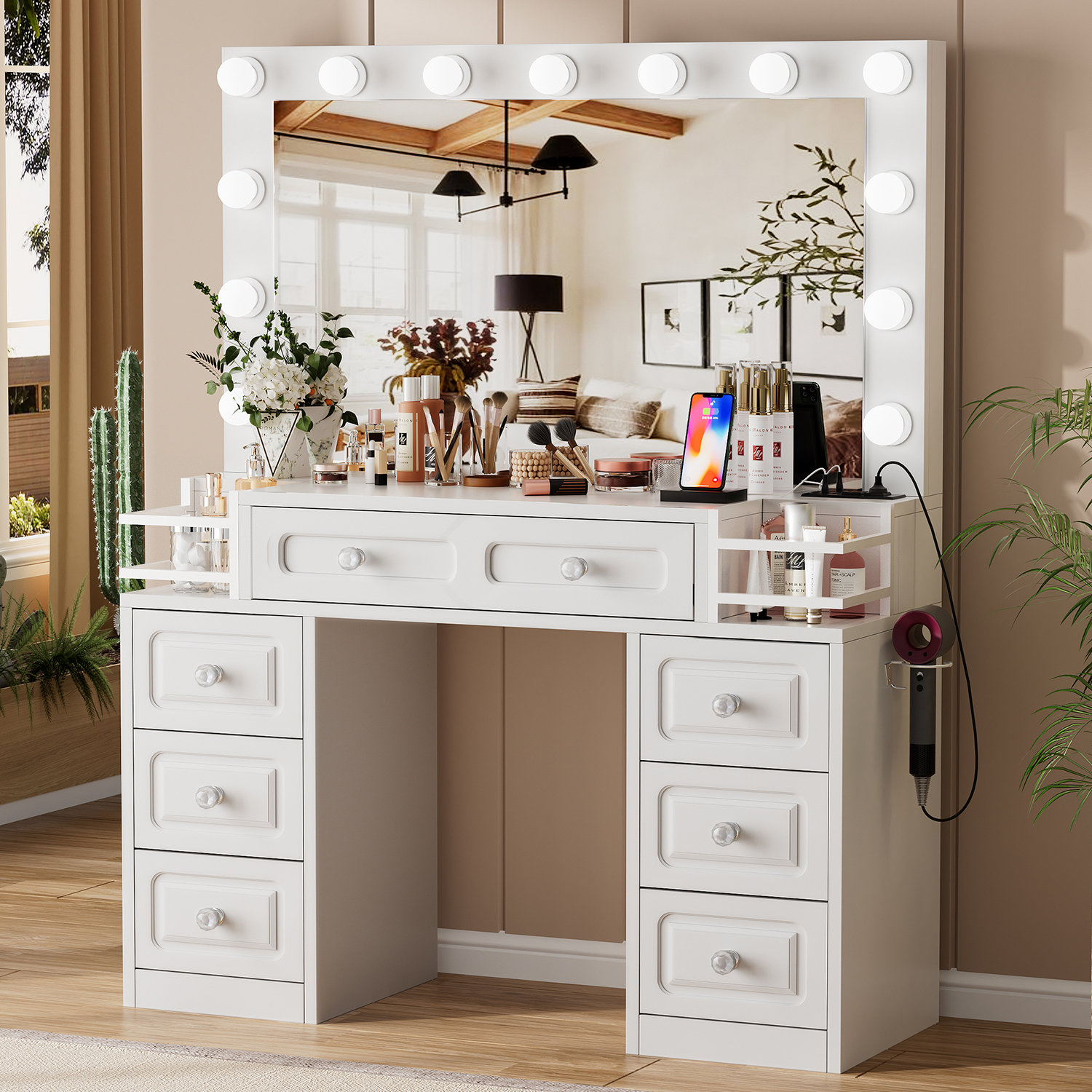 Latitude Run® Lunell Farmhouse Makeup Vanity Desk with Lighted Mirror