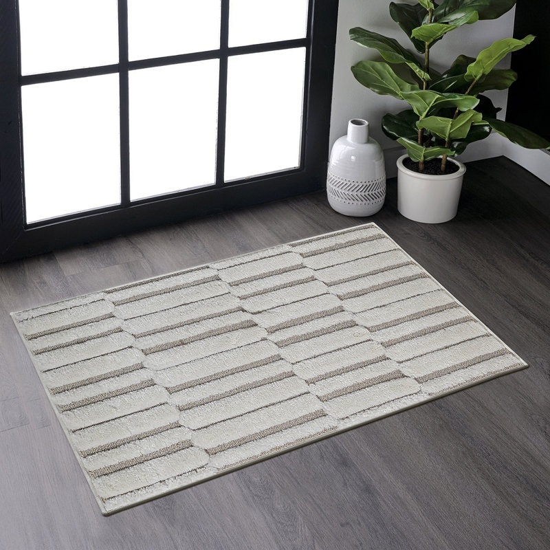 Step Collection High-Low Striped Beige/Cream Indoor Area Rug, 2'X3', Modern, Contemporary, Geometric, Bohemian, Bedroom, Kitchen, Living Room, Doormat, Non Shedding Carpet