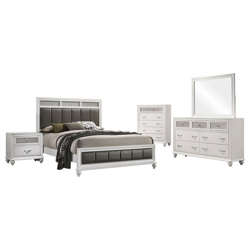Ensemble de chambre à coucher standard 4 pièces Kilwin, Queen, Blanc, 5 Pcs: Dresser; Mirror; Bed; Nightstand; Chest