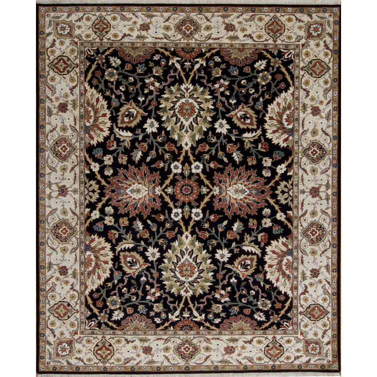 Tapis noir / beige en laine noué à la main Mahal