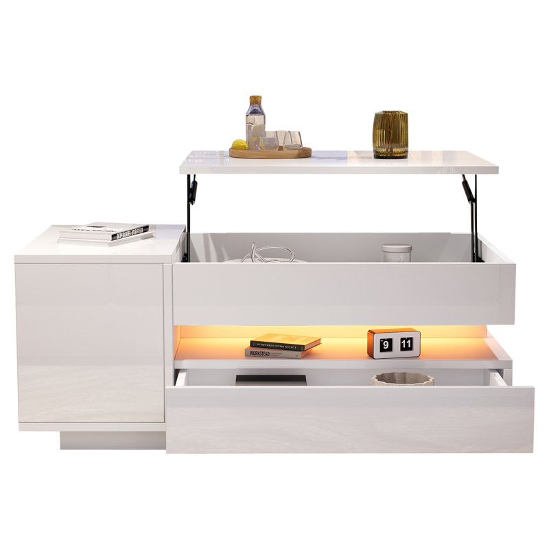Virel Height-Adjustable Coffee Table With LED Lighting And Hidden Storage, White
