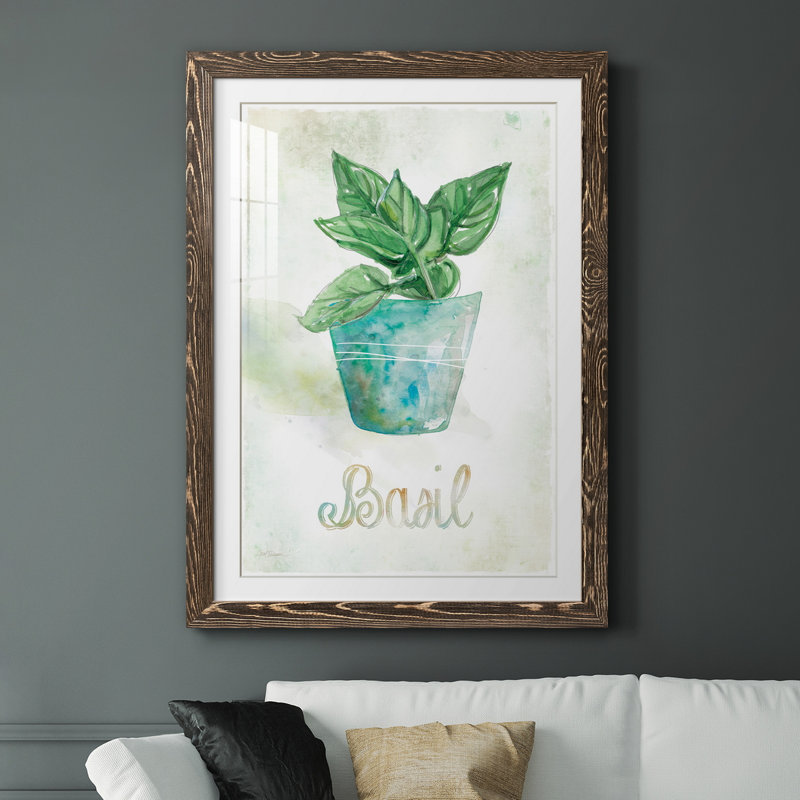 Basilic en pot - peinture, Papier, cadre noyer, H 31,5 po x l 23,5 po x P 1,5 po