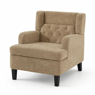 Fauteuil rembourré capitonné avec dossier ergonomique, siège en mousse haute densité, accoudoirs de soutien et pieds en bois robustes, assise rembourrée en tissu doux