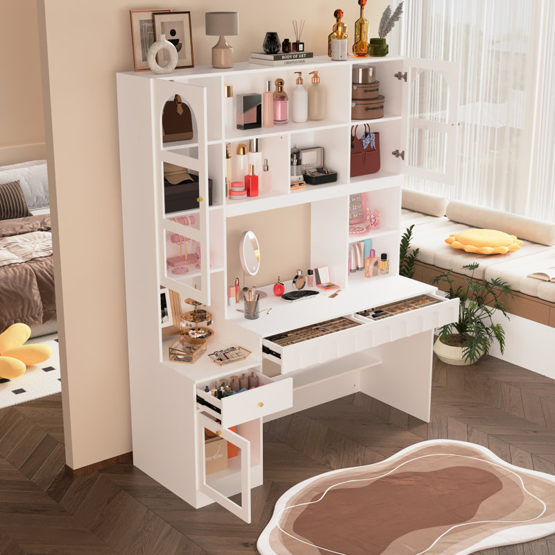 Armoire moderne avec coiffeuse et rangement solide, Blanc