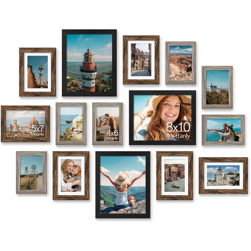Paquet de 15 cadres pour collage, cadres de galerie multi-tailles pour mur et table, noir, brun, gris foncé