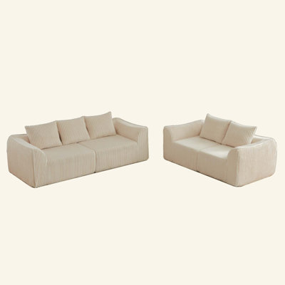 Minimalist 3+2 Seater Corduroy Sofa Set with Curved Lines & Gently Sloped Backrest, Comes with 5 Horn-Shaped Throw Pillows