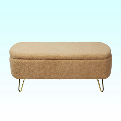 Storage Ottoman Bench For End Of Bed Gold Legs, Modern Camel Faux Fur Entryway Bench Upholstered Padded With Storage For Living Room Bedroom