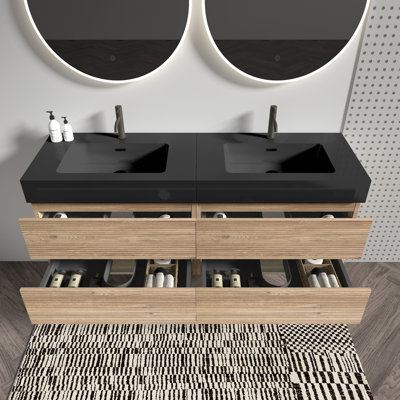 Meuble-lavabo de 60 po (30 po x 2 po) Grace avec lavabo en quartz noir mat et tiroirs en chêne brut, meuble-lavabo mural flottant pour salle de bain moderne, sans drain ni robinet