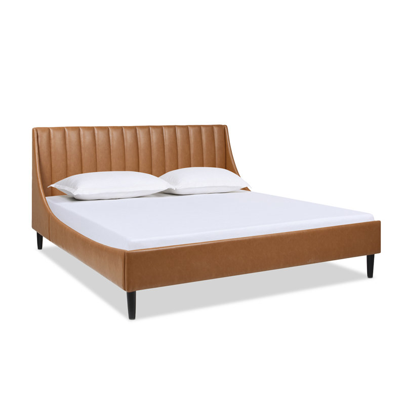 Lit plateforme tapissier Helaina, Très grand, Similicuir brun clair caramel