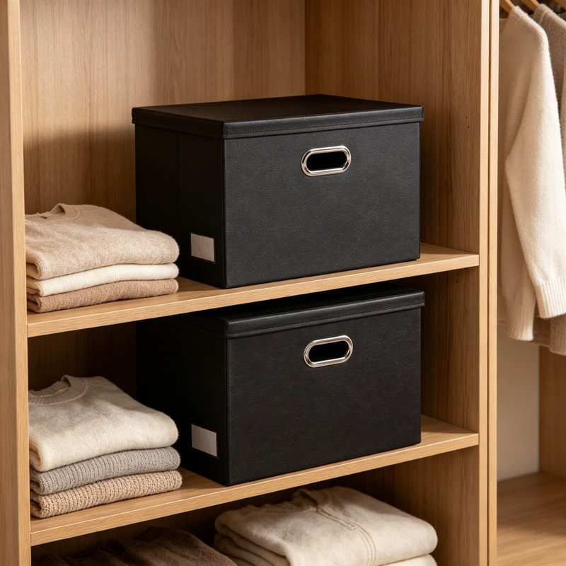 Grand bac de rangement pliable avec couvercle - 1 boîte de rangement pliable en cuir avec couvercle pour la maison, la chambre à coucher, le placard, le bureau, la chambre de bébé, noir