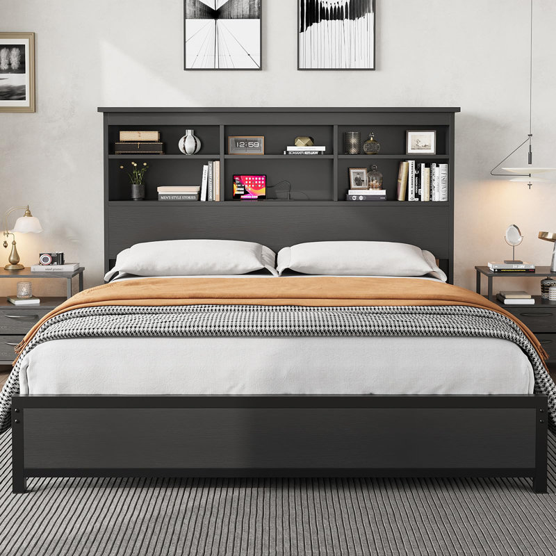 Full/Queen/King Bed Frame with Bookcase Headboard & Charging Station, Under Bed Storage, Black, King