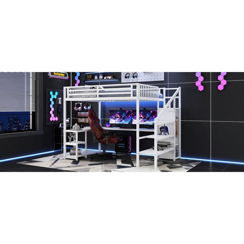 Grand lit mezzanine en métal blanc avec 16 lumières DEL statiques et espace sous la tablette à vitesse contrôlée, espace